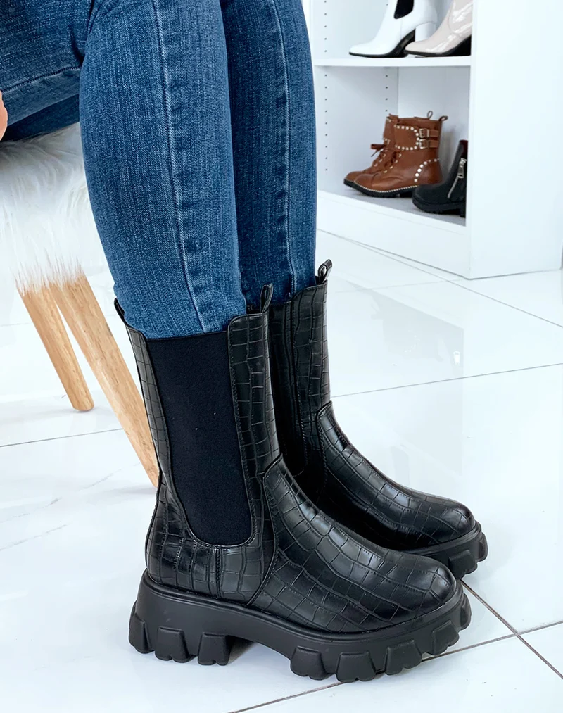 Bottes mi-mollet noires effet croco avec semelle épaisse