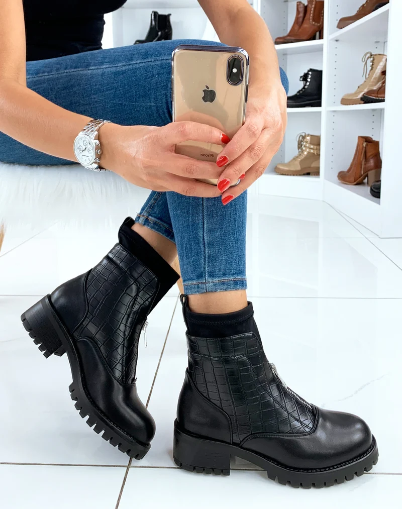 Bottines noires bi-matières effet chaussette