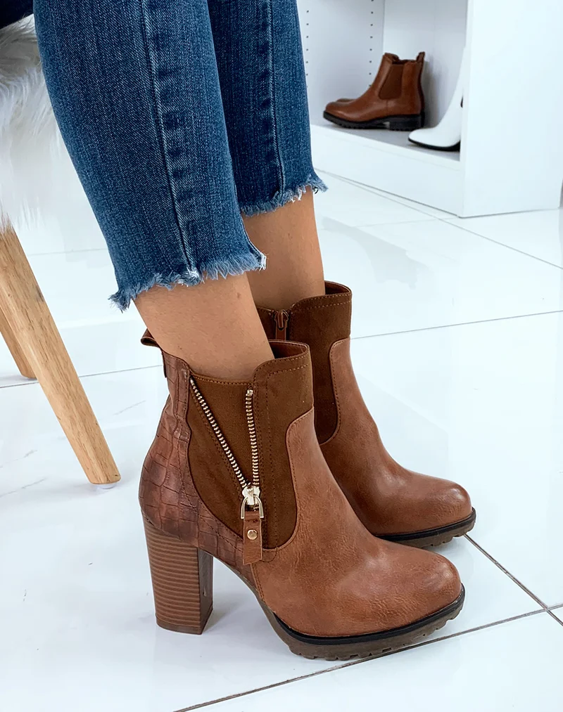 Bottines camel bi-matières à talon