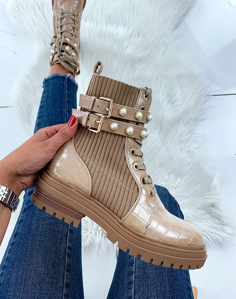 Bottines montantes beige effet croco