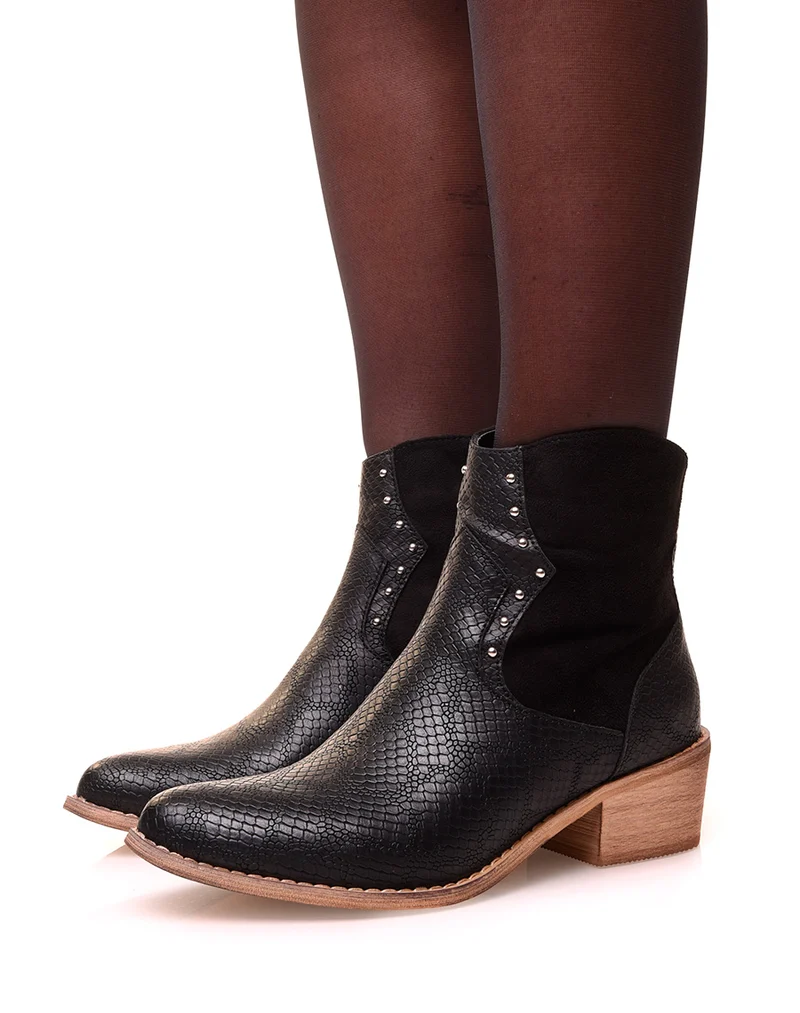 Santiags bi-matières noire à clous effet python