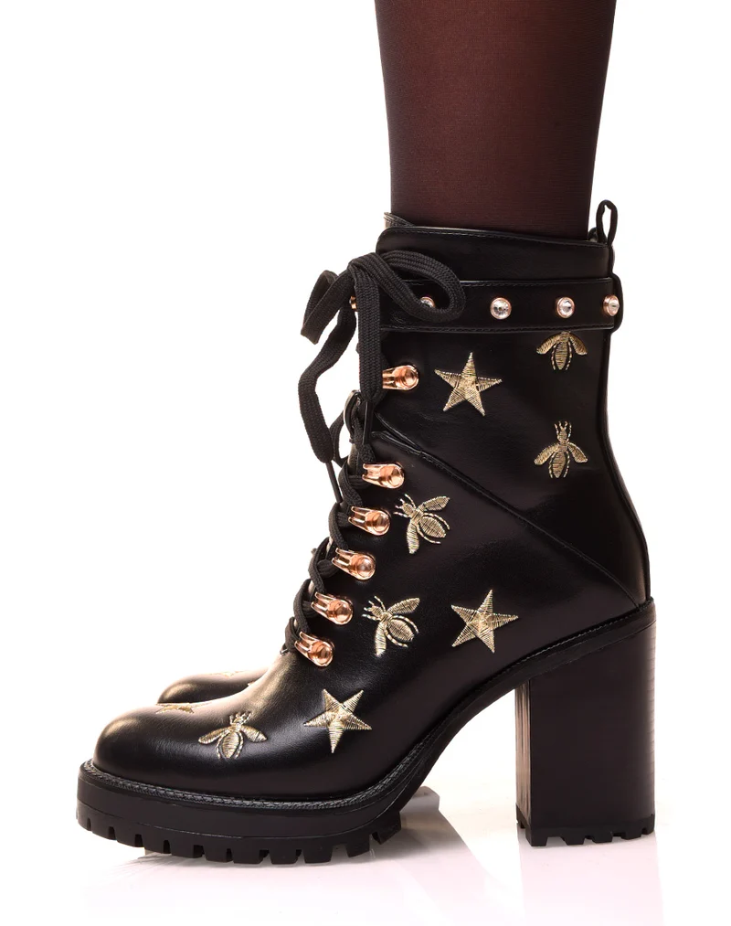Bottines montantes noires à talons brodées