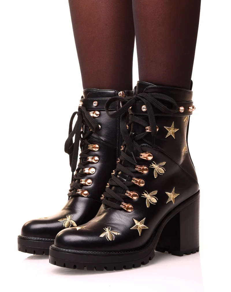 Bottines montantes noires à talons brodées