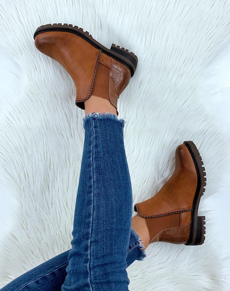 Bottines camel bi-matières avec élastique