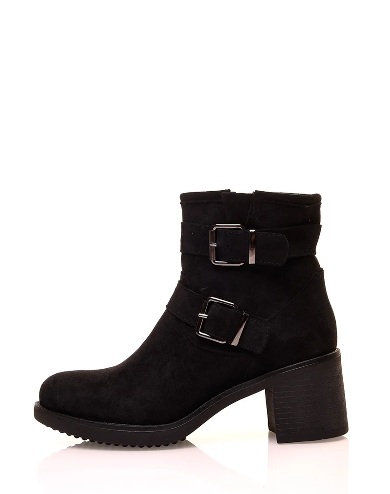 Bottines noires à talons carrés en suédine à sangles