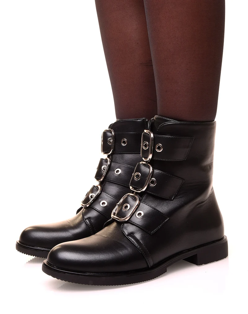 Bottines montantes noires à multiples lanières