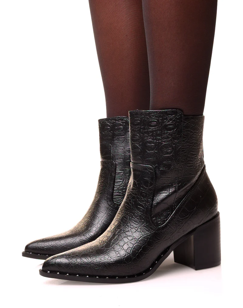 Santiags noires à talon effet croco vieillis