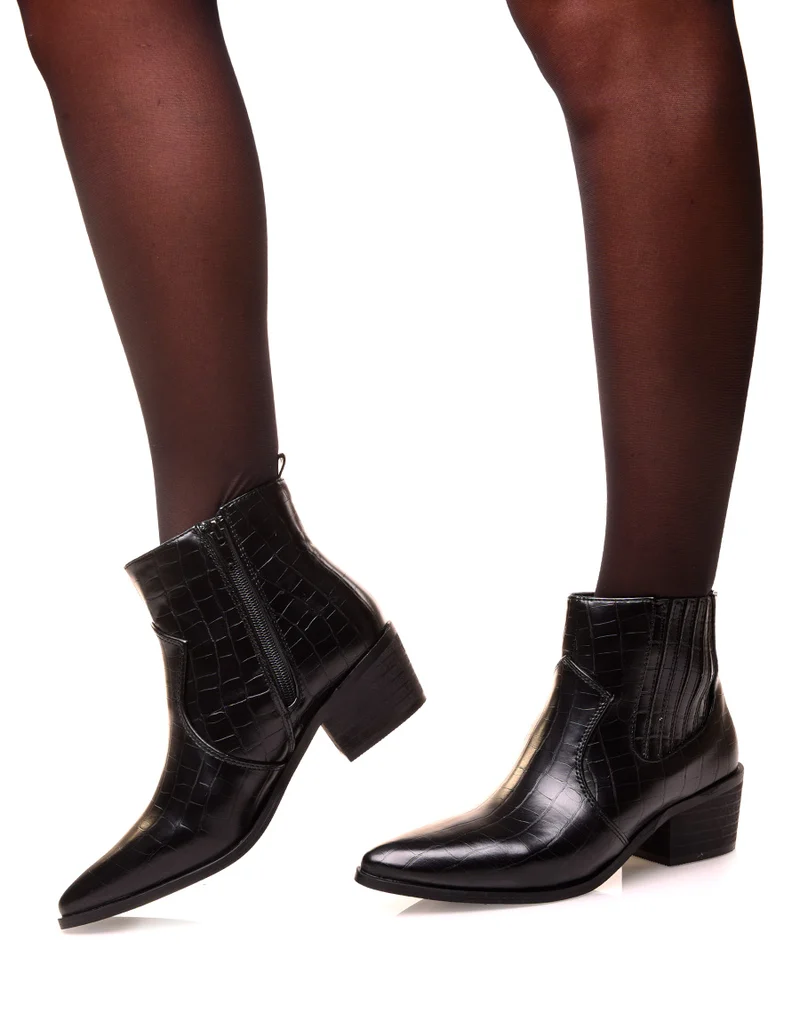 Santiags noires effet croco à talon mi-haut