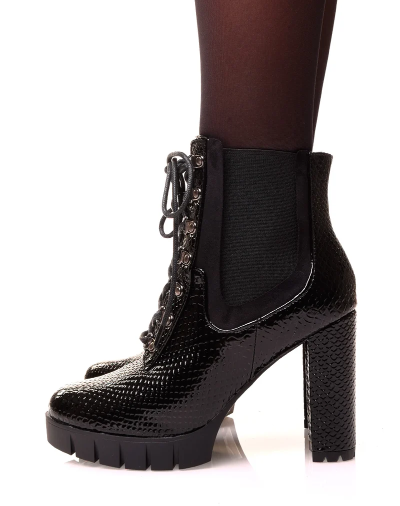 Bottines noires à talons bi-matières effet croco verni