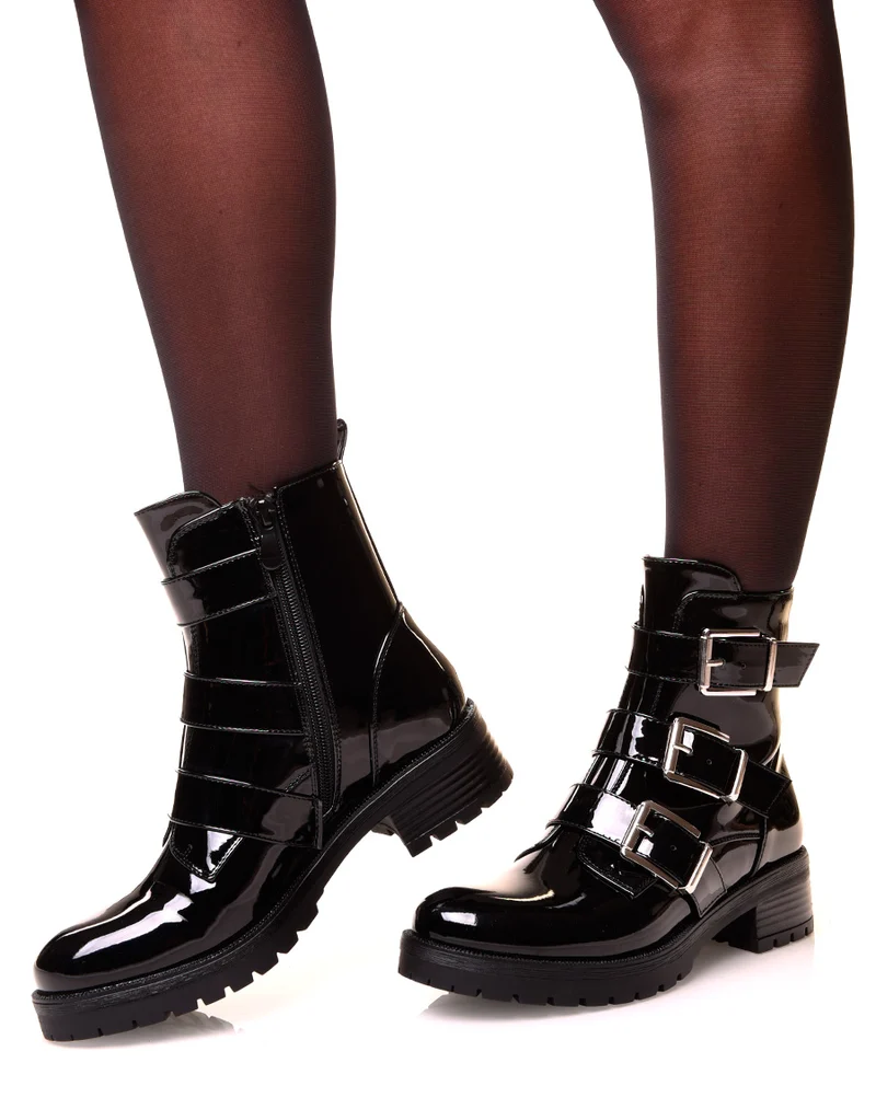 Bottines noires vernis noires à sangles