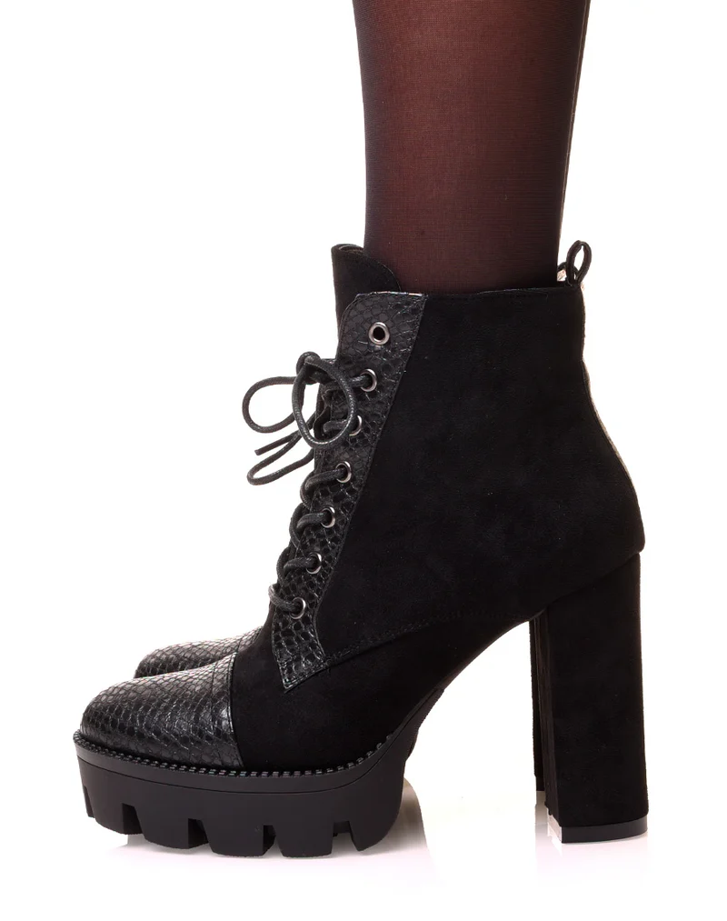 Bottines à talon noir bi-matière effet python
