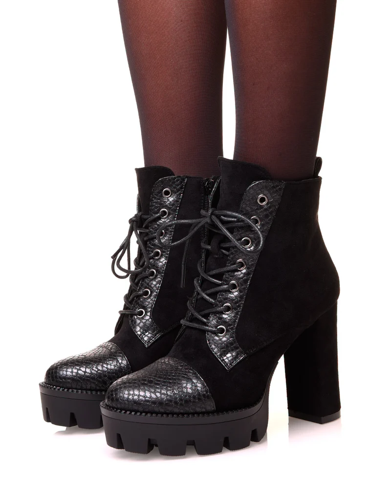 Bottines à talon noir bi-matière effet python