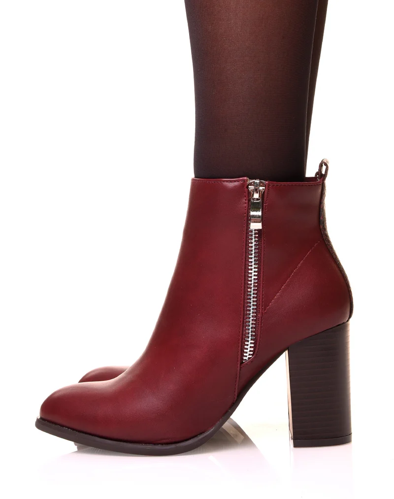 Bottines à talon bi-matière bordeaux