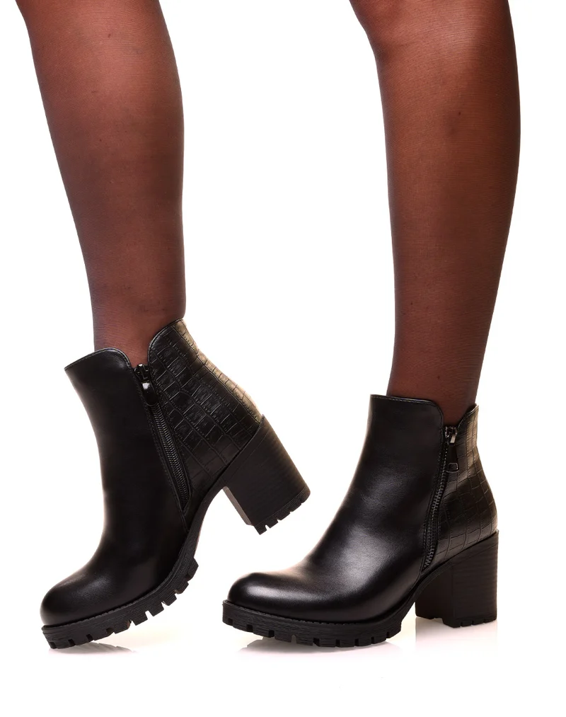 Bottines noires à talons carrés bi-matières