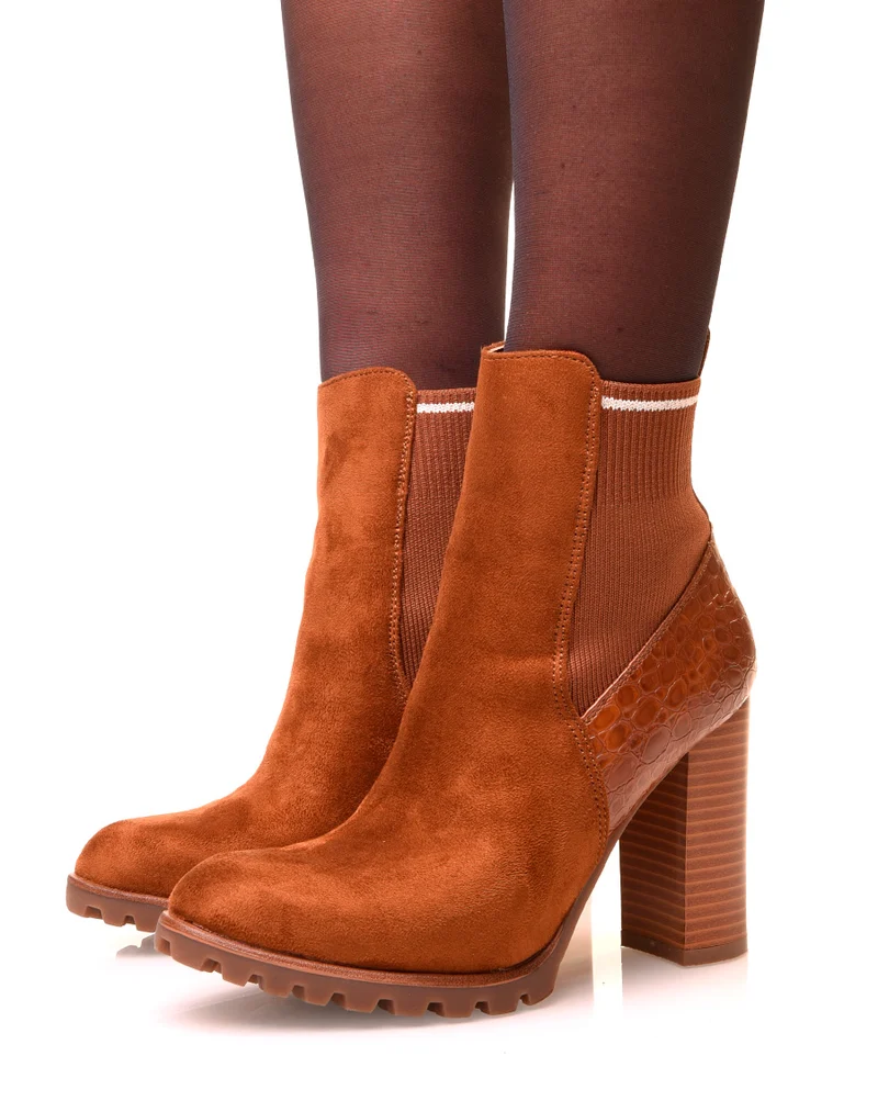 Bottines camel à talons bi-matières à effet chaussette