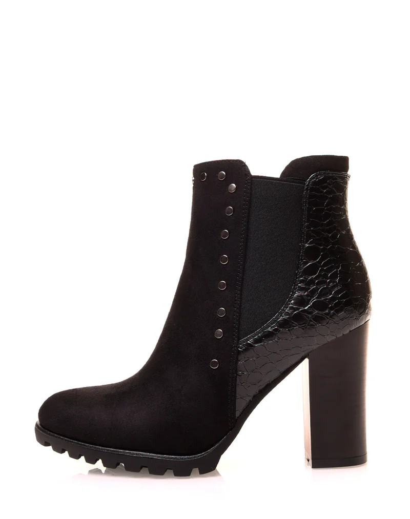 Bottines noires à talons bi-matières et à détails cloutés