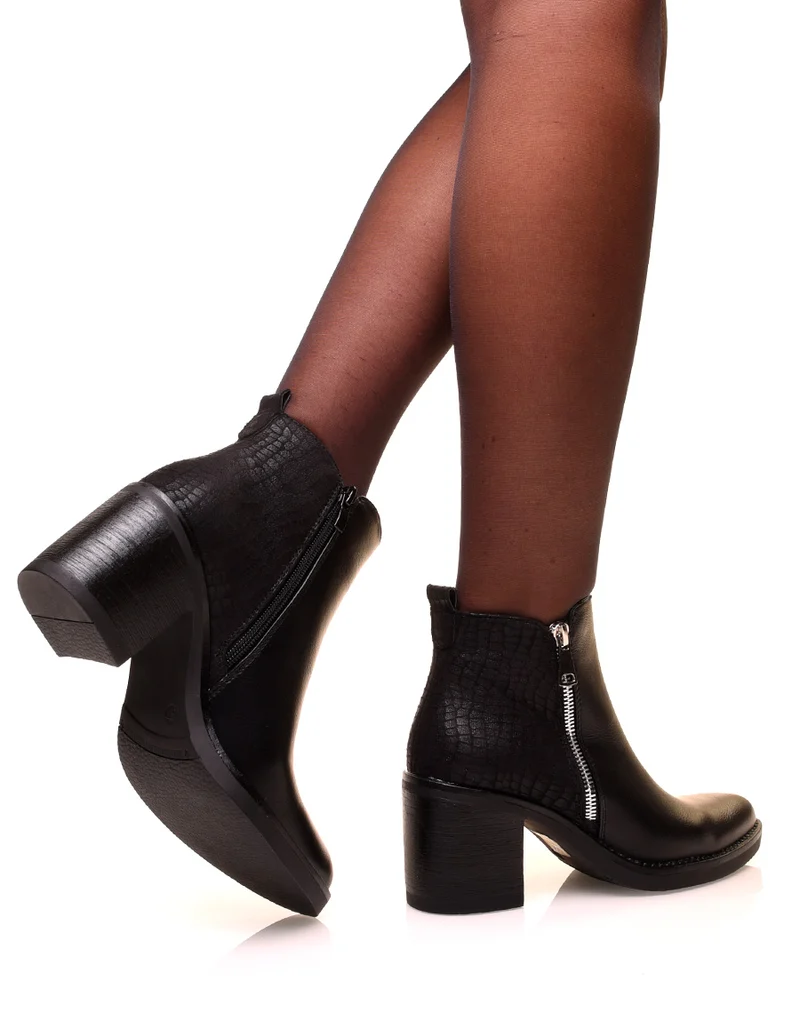 Bottines noires à talons bi-matières suédine