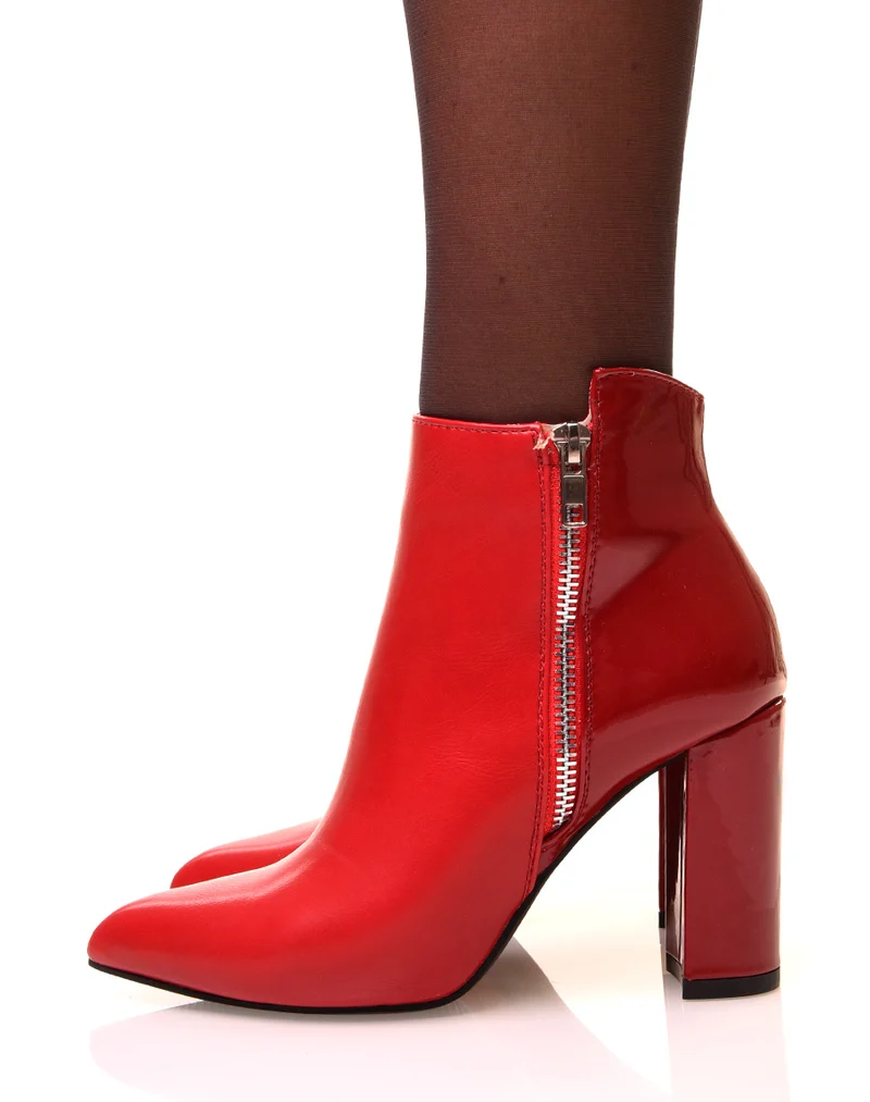 Bottines rouges à talons bi matières effet verni
