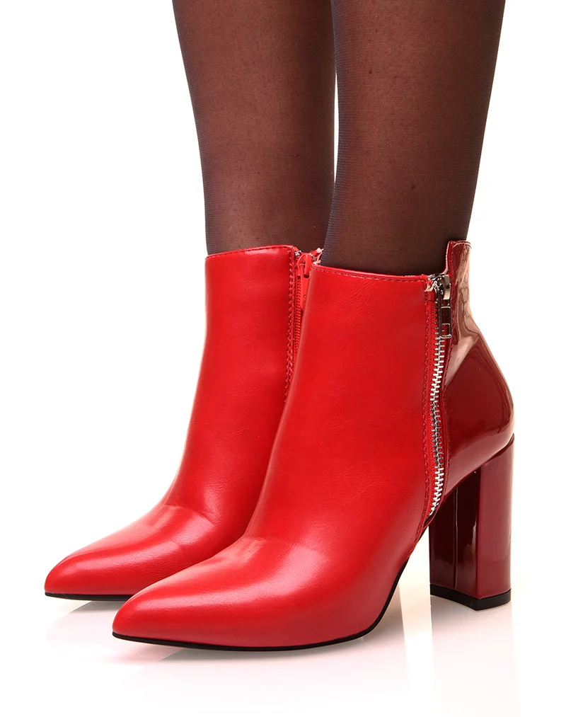 Bottines rouges à talons bi matières effet verni