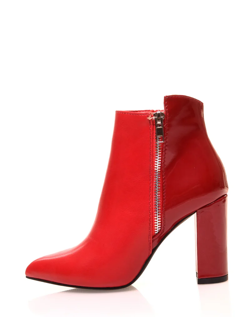 Bottines rouges à talons bi matières effet verni