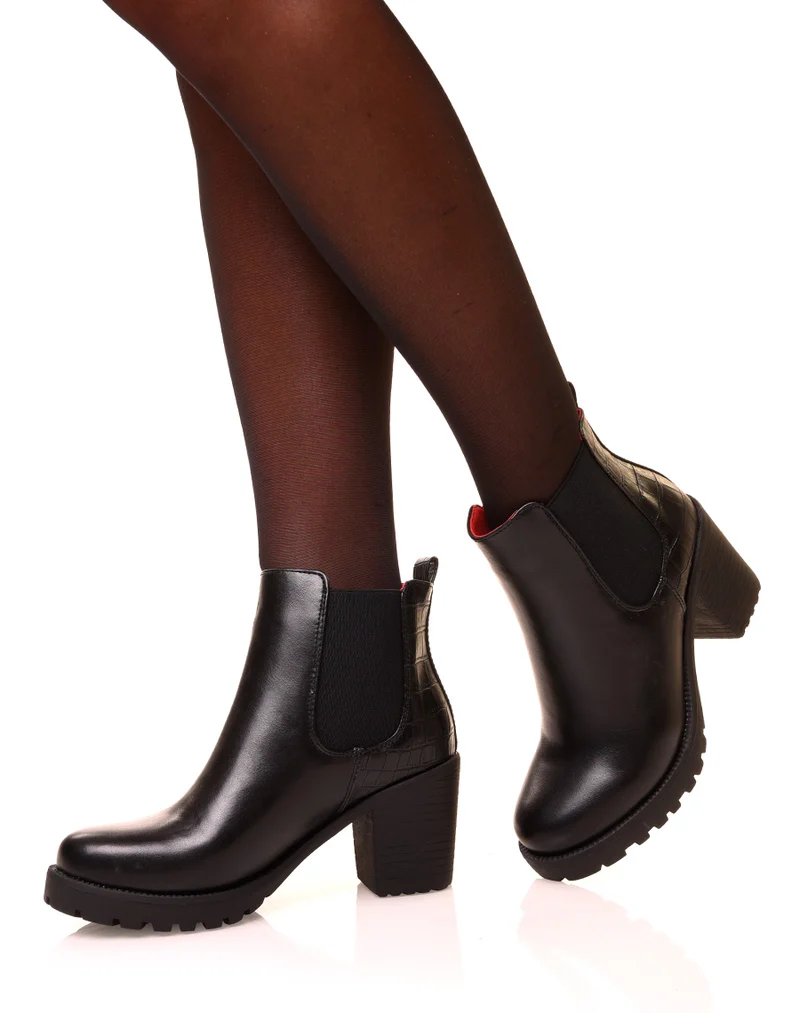 Bottines noires à talons mi-haut à effet croco