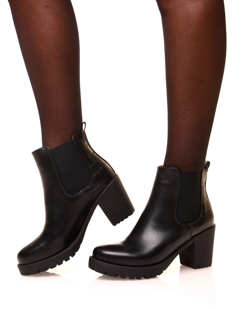 Bottines noires à talons mi-haut à effet croco