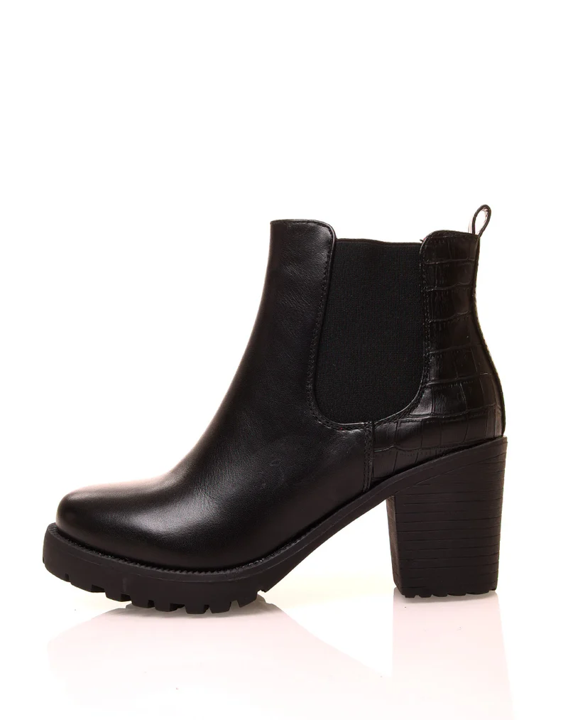 Bottines noires à talons mi-haut à effet croco