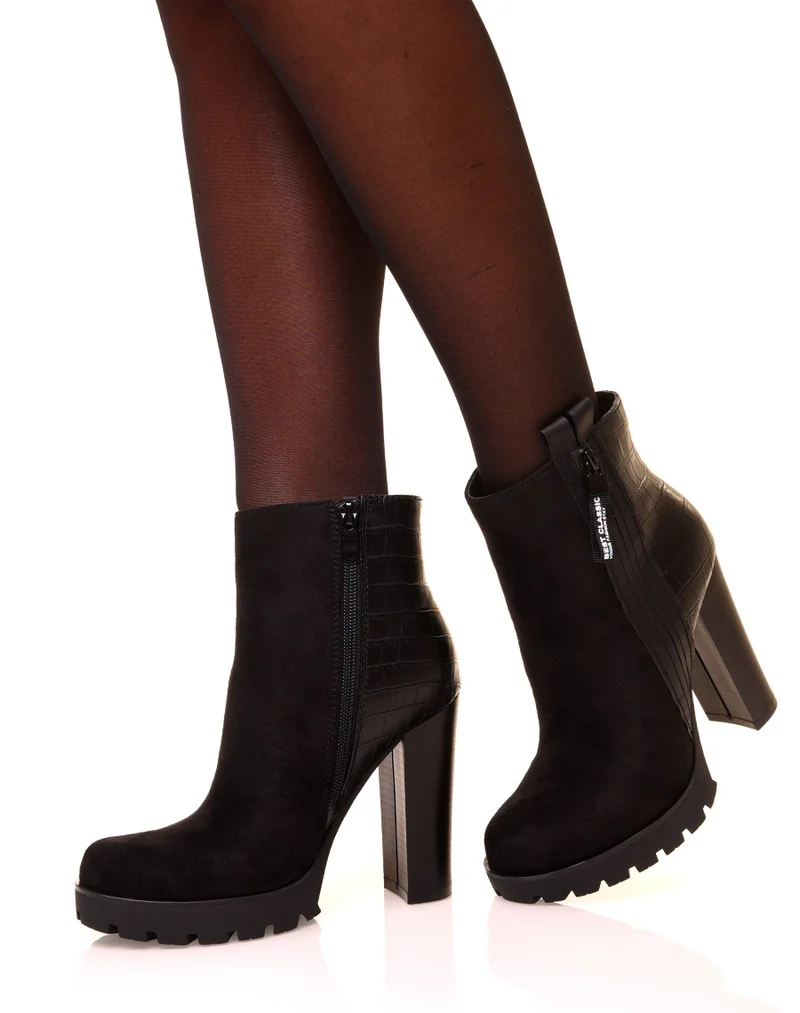 Bottines noires à talons hauts bi matières