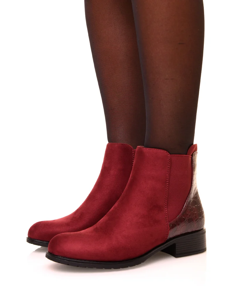 Bottines en suédine bordeaux à effet croco