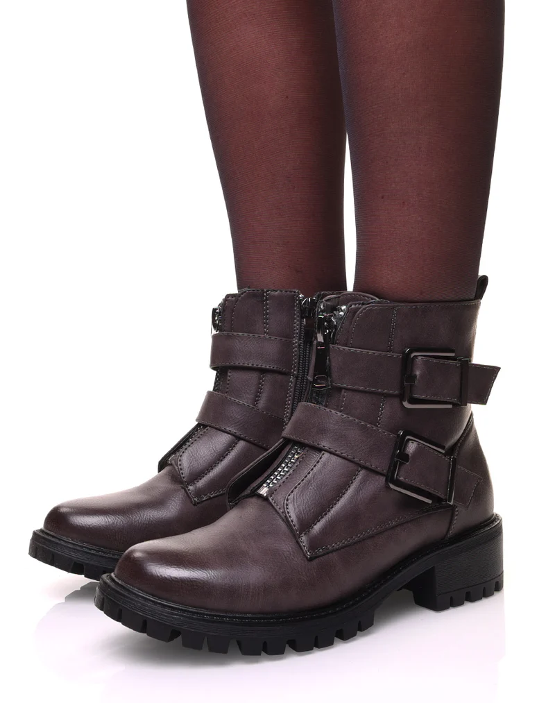Bottines montantes grises à fermetures éclaires