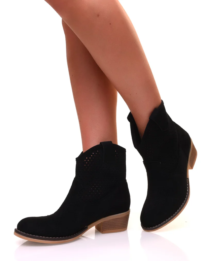 Santiags noires en suédine ajourées à petits talons