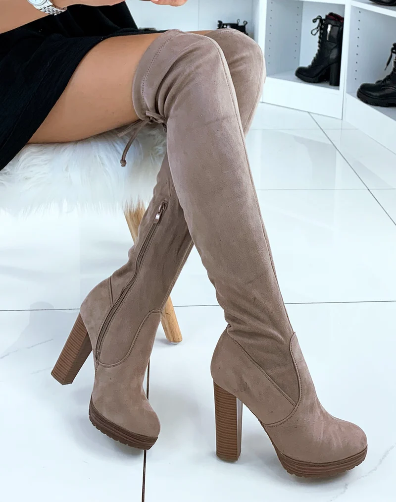 Cuissardes taupe à talons en suédine ajustables