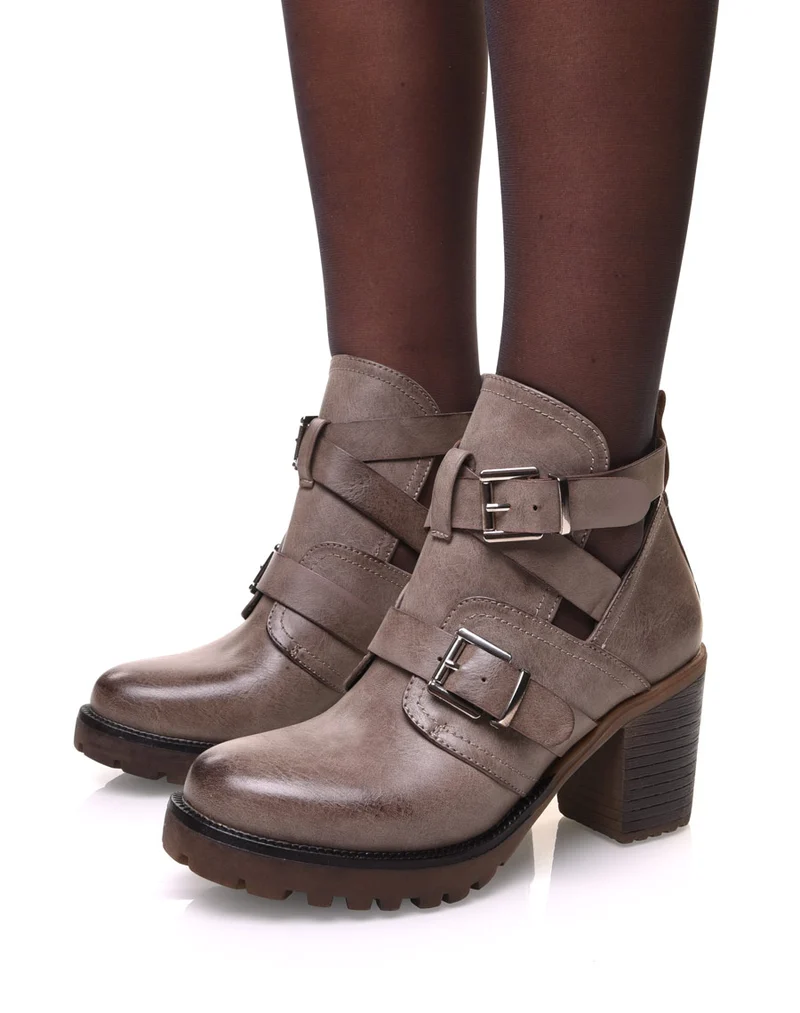 Bottines ajourées taupes à sangles multiples