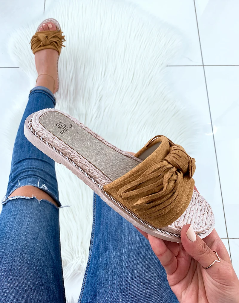 Mules camel style espadrilles à franges