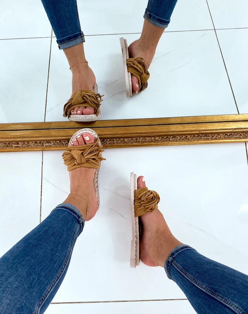 Mules camel style espadrilles à franges
