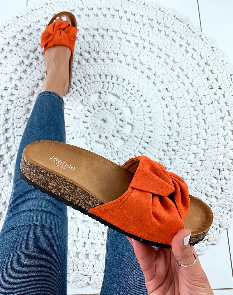 Mules orange en suédine à gros nœud