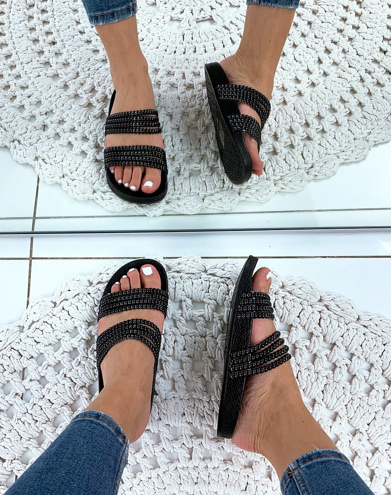 Mules noires à doubles brides fantaisies
