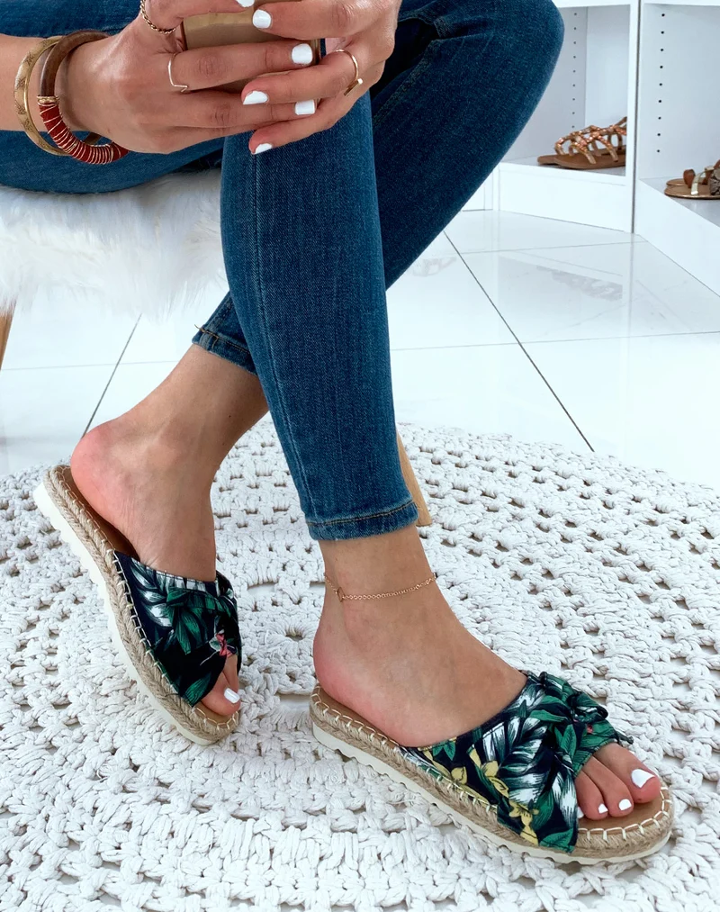 Mules motif fleuri à nœud et à semelle en osier