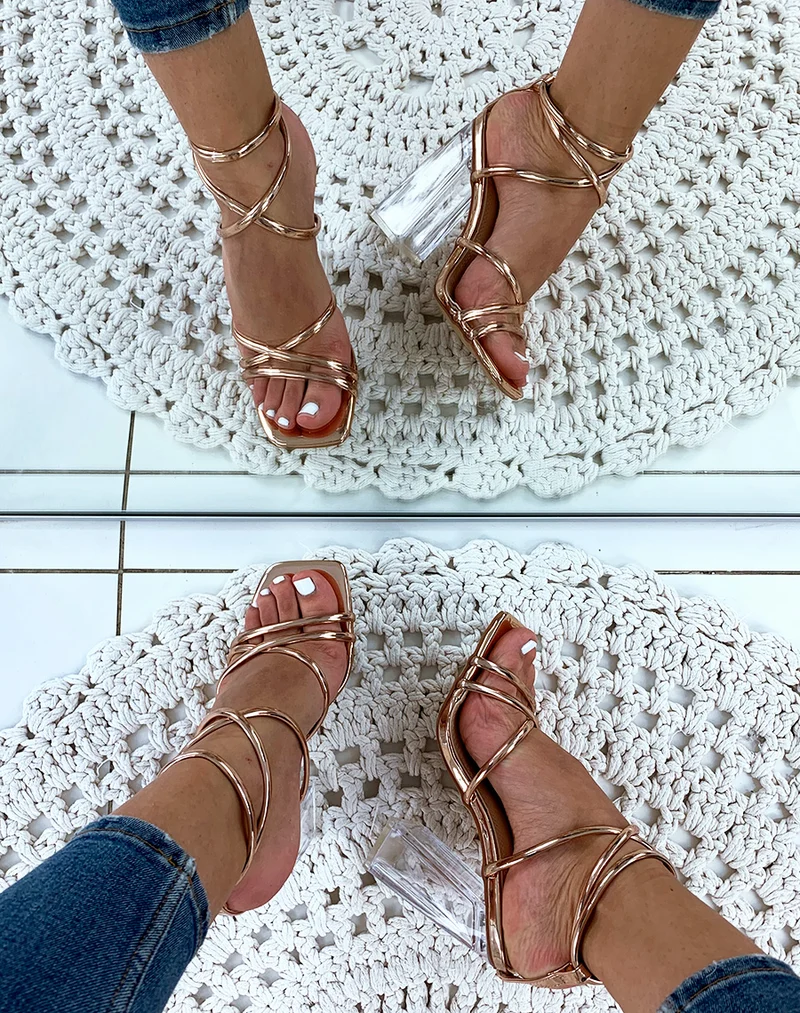 Sandales champagne à talon bloc transparent et brides sexy