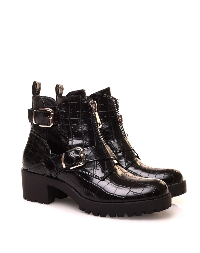 Bottines noires ouvertes à double lanières effet croco