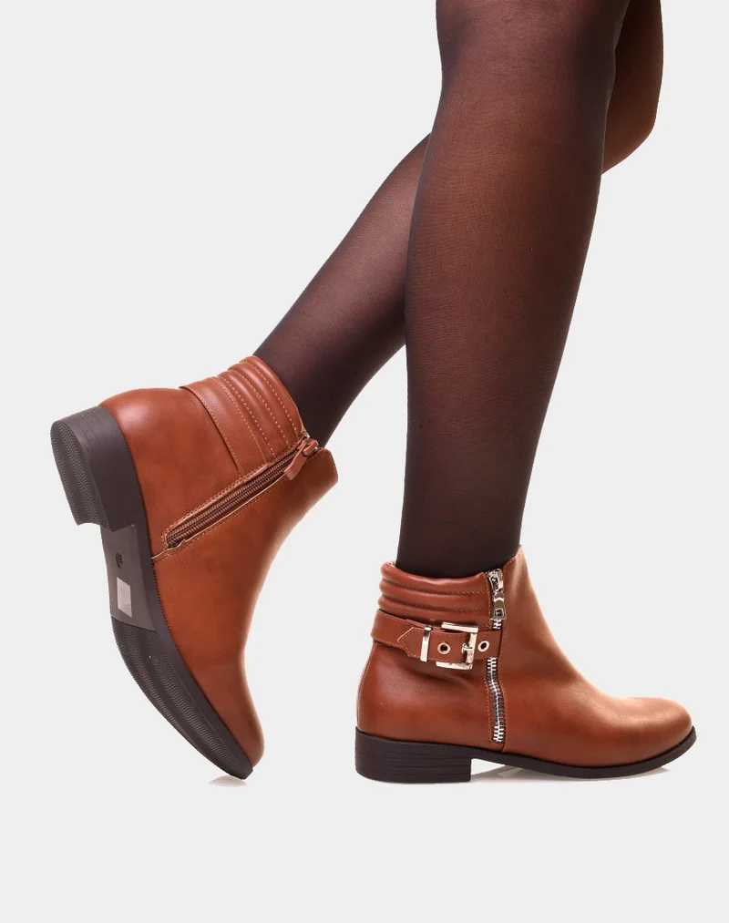 Bottines camel basses à zip décoratif