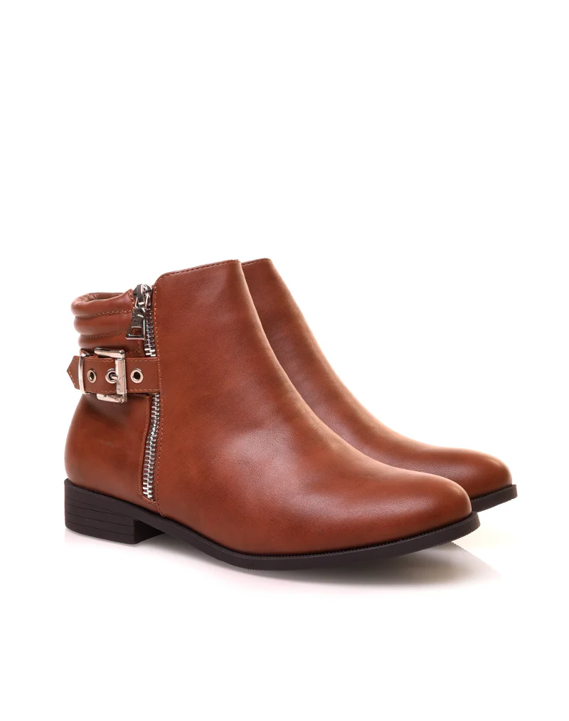 Bottines camel basses à zip décoratif