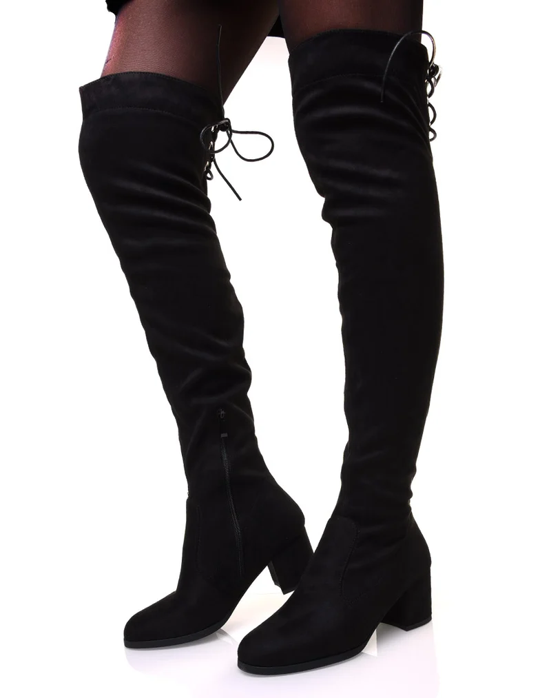 Cuissardes à talon noires en suédine ajustable