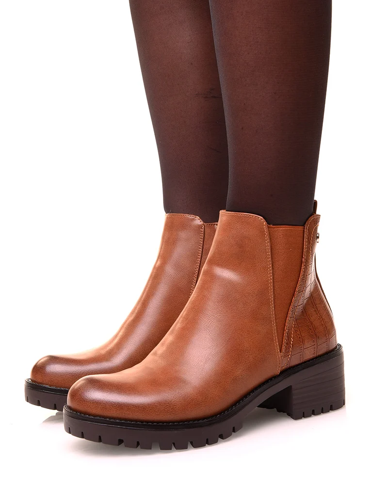 Bottines camel bi-matières effet croco et élastique échancré
