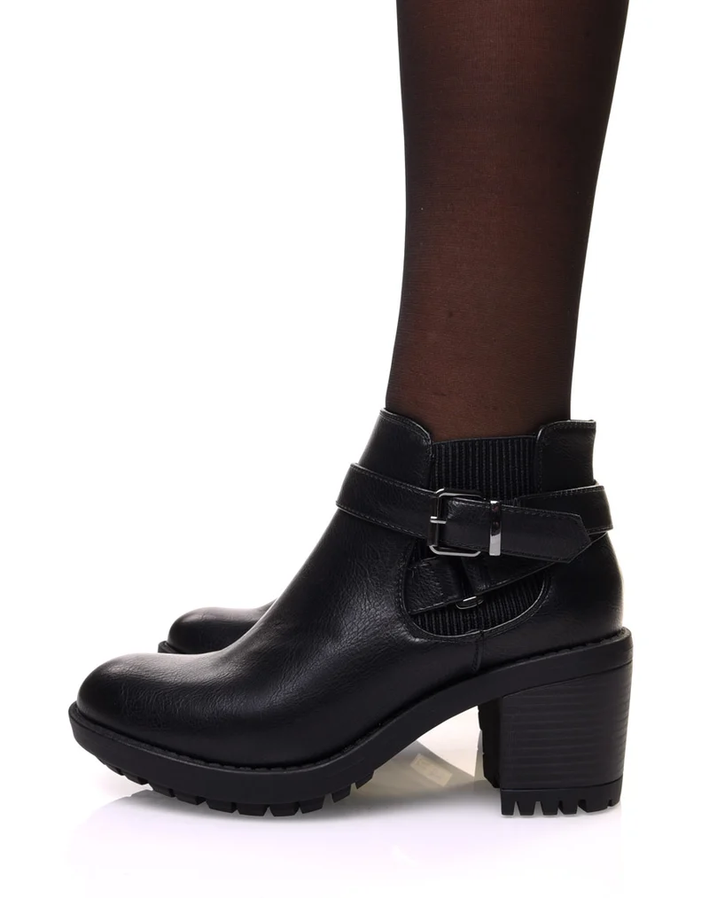 Bottines noires grainées à talon élastique rayé et sangles