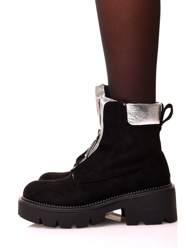 Bottines noires et argentés en suédine à zip