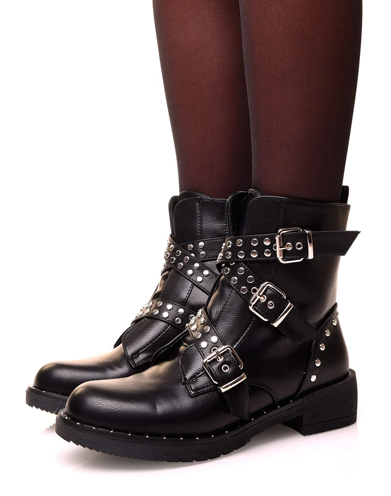 Bottines montantes noires à triples sangles cloutées