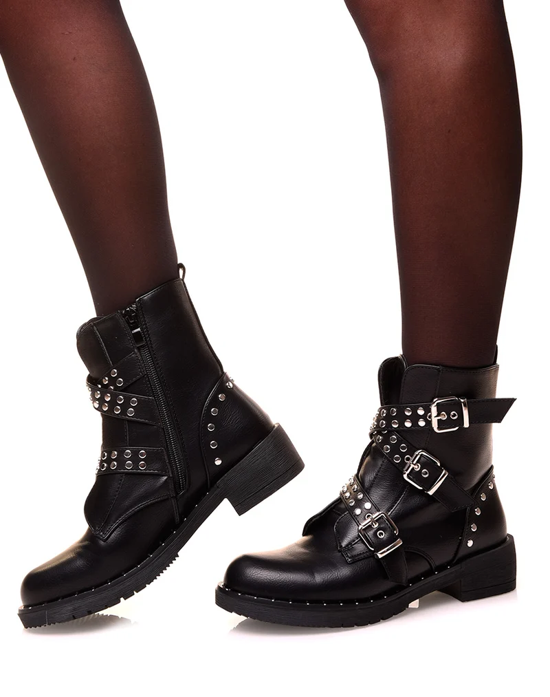 Bottines montantes noires à triples sangles cloutées