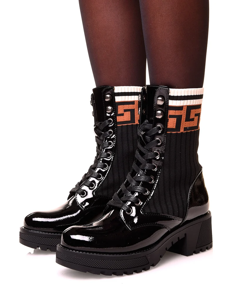 Bottines montantes noires vernies à effet chaussette