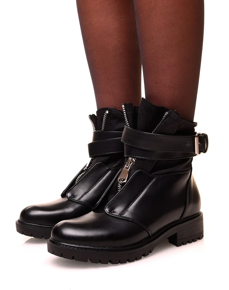 Bottines noires bi matières à sangle entrelacée
